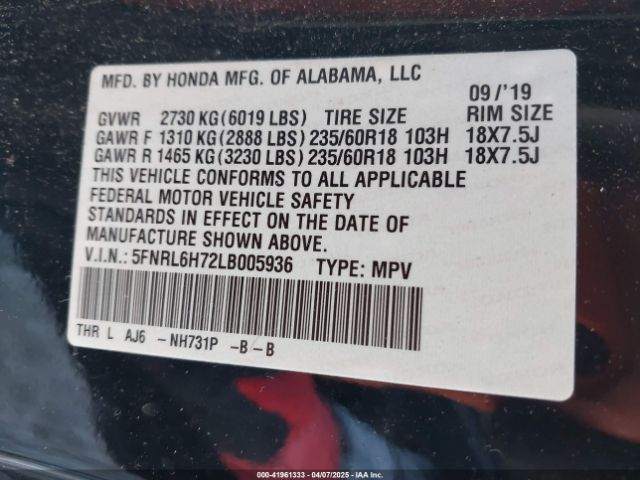 5FNRL6H72LB005936 Honda Odyssey Ex-l/ex-l W/navi   Res