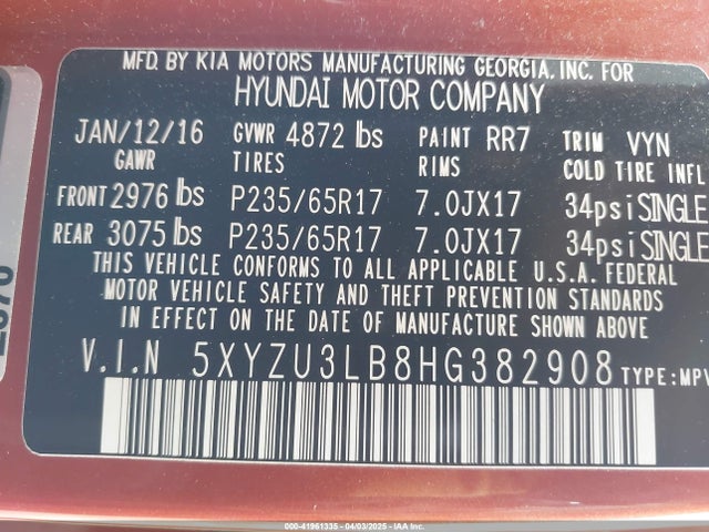 5XYZU3LB8HG382908 Hyundai Santa Fe Sport 2.4l