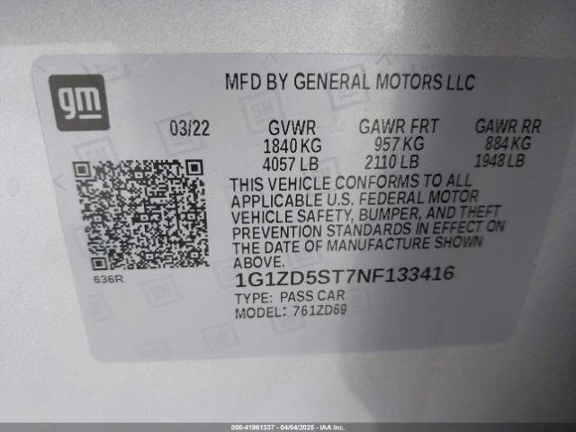 1G1ZD5ST7NF133416 Chevrolet Malibu Fwd Lt