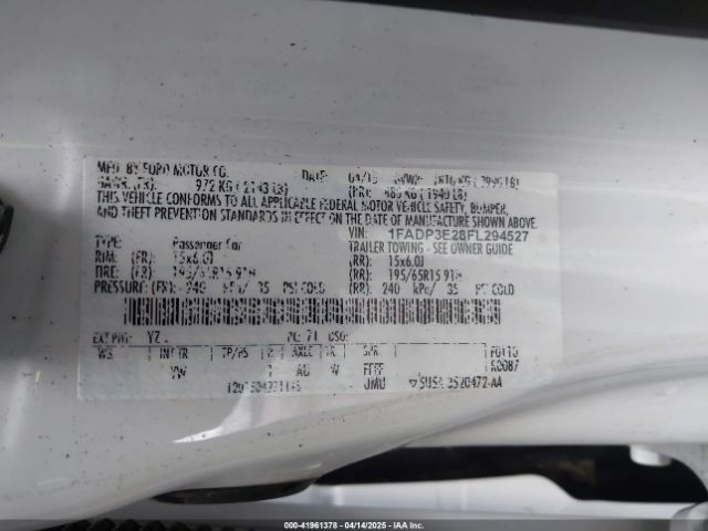 1FADP3E28FL294527 Ford FOCUS S