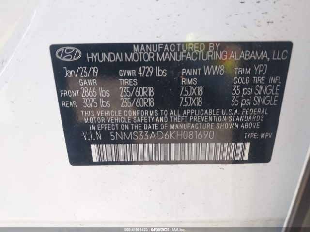 5NMS33AD6KH081690 Hyundai Santa Fe Sel Plus