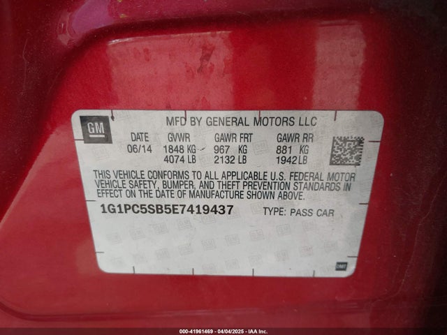 1G1PC5SB5E7419437 Chevrolet Cruze 1lt Auto