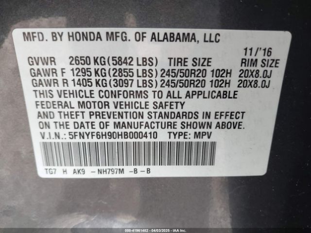 5FNYF6H90HB000410 Honda Pilot Touring