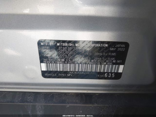 JA4J4VA89NZ081121 Mitsubishi Outlander Sel/sel Special Edition