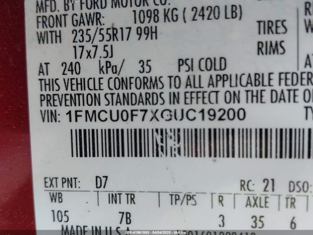 1FMCU0F7XGUC19200 Ford ESCAPE S