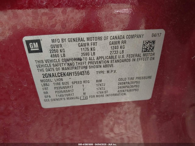 2GNALCEK4H1594316 Chevrolet EQUINOX LT