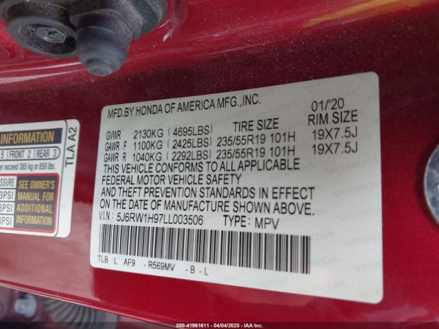 5J6RW1H97LL003506 Honda Cr-v 2wd Touring