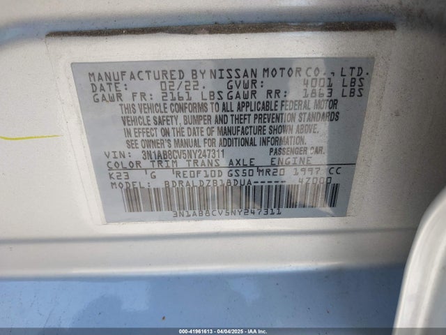 3N1AB8CV5NY247311 Nissan Sentra Sv Xtronic Cvt