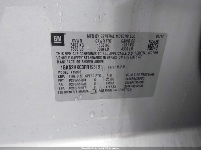 1GKS2HKC3FR193181 GMC Yukon Xl 1500 Slt