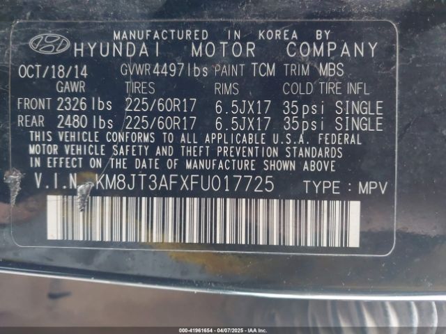 KM8JT3AFXFU017725 Hyundai TUCSON GLS