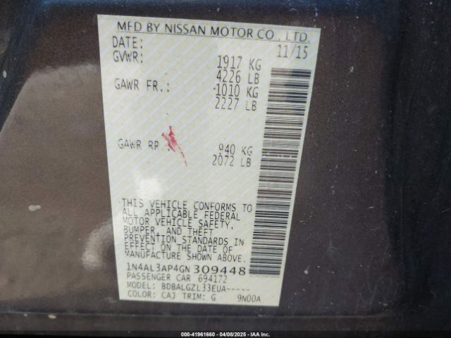 1N4AL3AP4GN309448 Nissan Altima 2.5/2.5 S/2.5 Sl/2.5 Sr/2.5 Sv