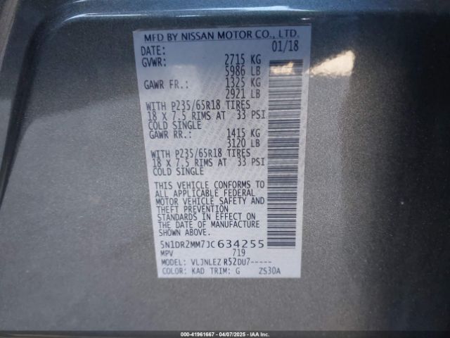 5N1DR2MM7JC634255 Nissan Pathfinder Sv