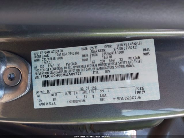 1FMCU0H68MUA09727 Ford ESCAPE SEL
