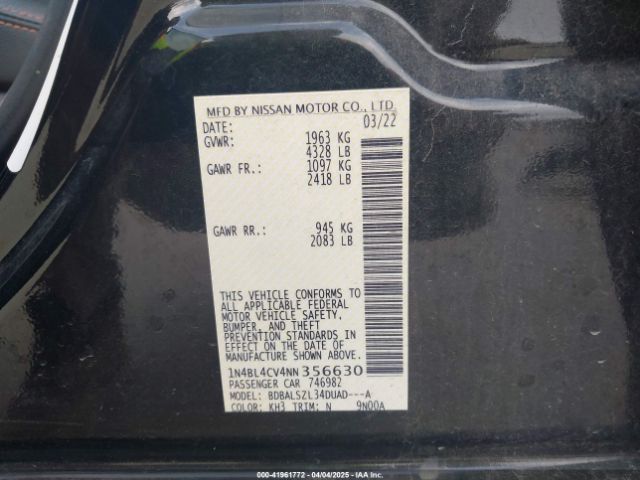 1N4BL4CV4NN356630 Nissan Altima Sr Fwd
