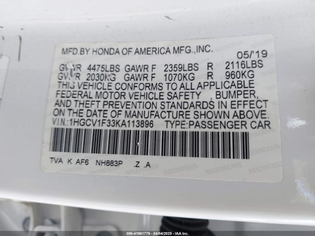 1HGCV1F33KA113896 Honda Accord Sport