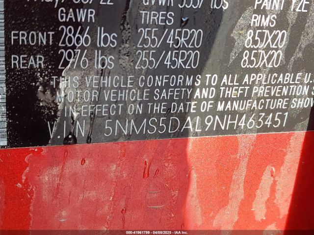 5NMS5DAL9NH463451 Hyundai Santa Fe Calligraphy