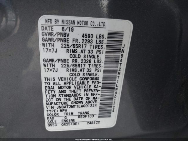 JN8AT2MT1LW001224 Nissan Rogue Sv Fwd