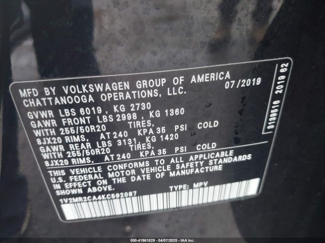 1V2MR2CA4KC592087 Volkswagen Atlas 3.6l V6 Sel