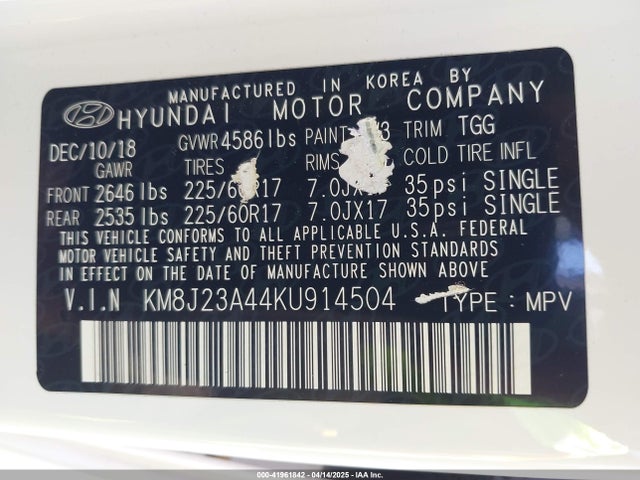 KM8J23A44KU914504 Hyundai TUCSON SE