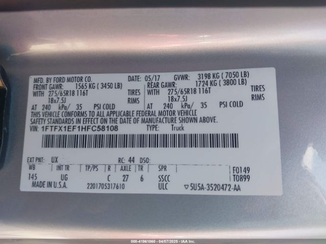 1FTFX1EF1HFC58108 Ford F-150 Xlt
