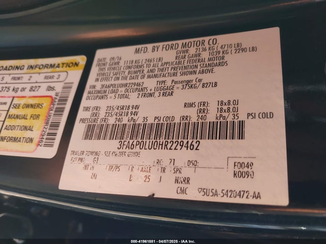 3FA6P0LU0HR229462 Ford Fusion Hybrid Se