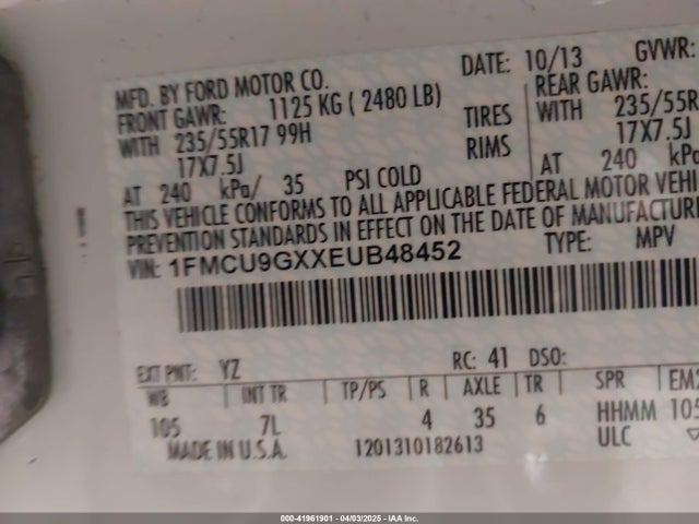 1FMCU9GXXEUB48452 Ford ESCAPE SE