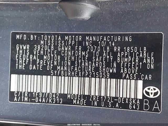 5YFBURHEXFP215059 Toyota Corolla S Plus