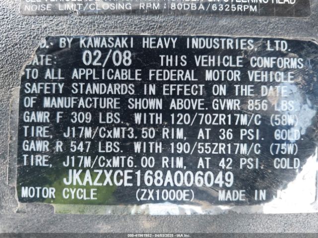 2008 KAWASAKI ZX1000 JKAZXCE168A006049 Photo 9