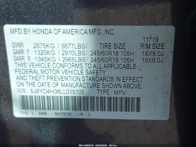 5J8YD4H38LL015105 Acura Mdx Standard