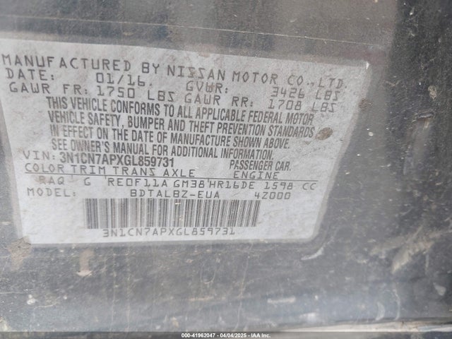 3N1CN7APXGL859731 Nissan Versa 1.6 Sv