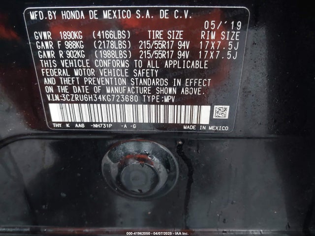 3CZRU6H34KG723680 Honda HR-V LX