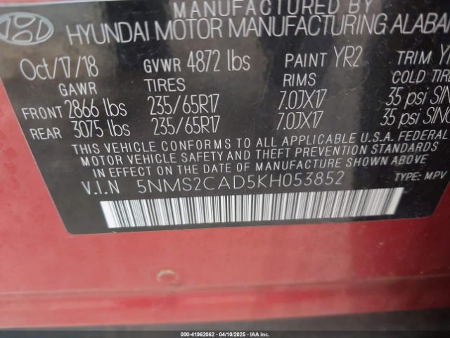 5NMS2CAD5KH053852 Hyundai Santa Fe Se