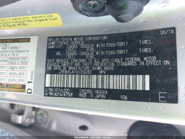 JTEBU5JR7G5356283 Toyota 4runner Sr5 Premium