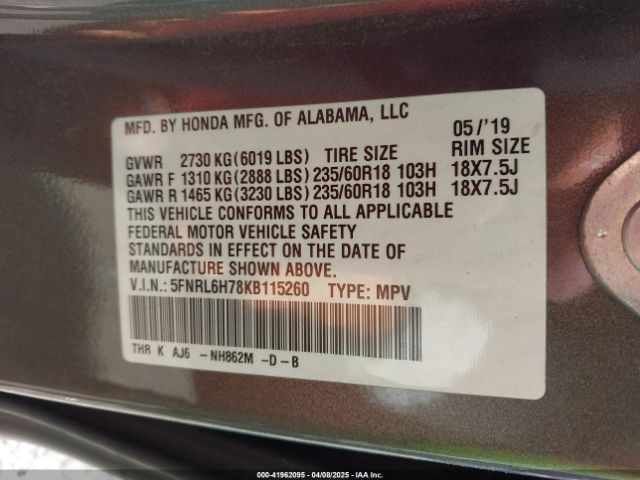 5FNRL6H78KB115260 Honda Odyssey Ex-l