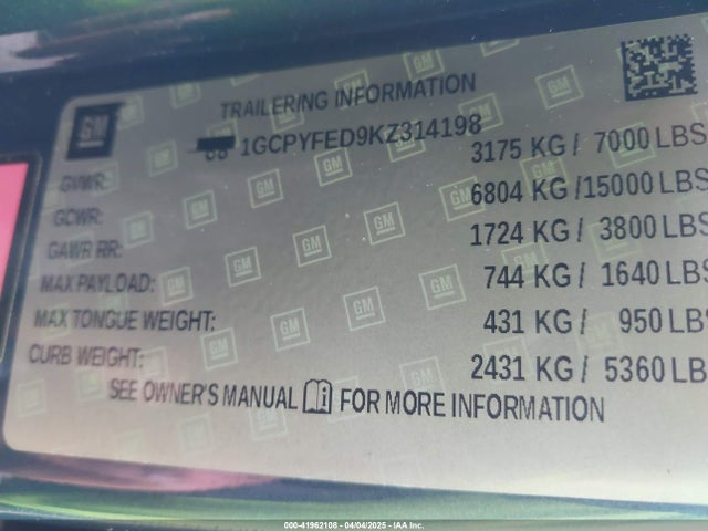 1GCPYFED9KZ314198 Chevrolet Silverado 1500 Lt Trail Boss