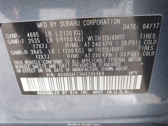 4S4BSAFCXH3396969 Subaru Outback 2.5i Premium