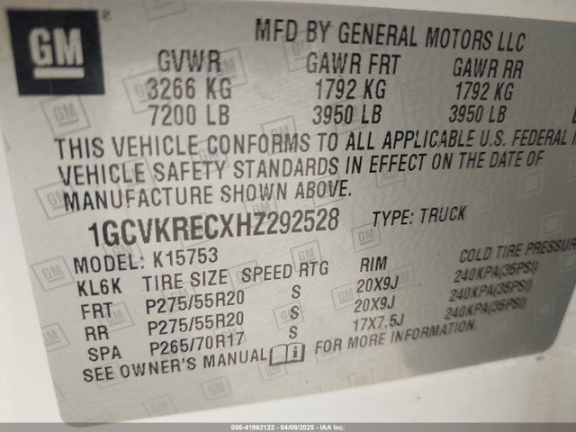 1GCVKRECXHZ292528 Chevrolet l83 - sidi: spark ignited direct injection, vvt: variable valve timing, afm, e85 max, alum