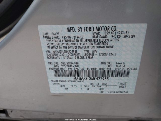 MAJ6S3FL3MC422958 Ford ECOSPORT S