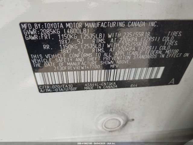 2T3DFREVXEW147700 Toyota Rav4 Limited