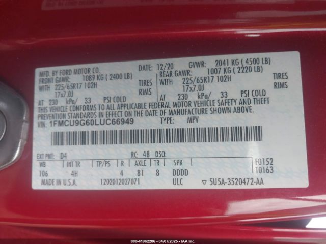 2020 FORD ESCAPE 1FMCU9G60LUC66949 Photo 8