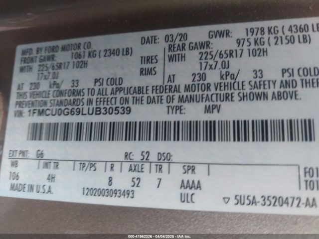 1FMCU0G69LUB30539 Ford ESCAPE SE