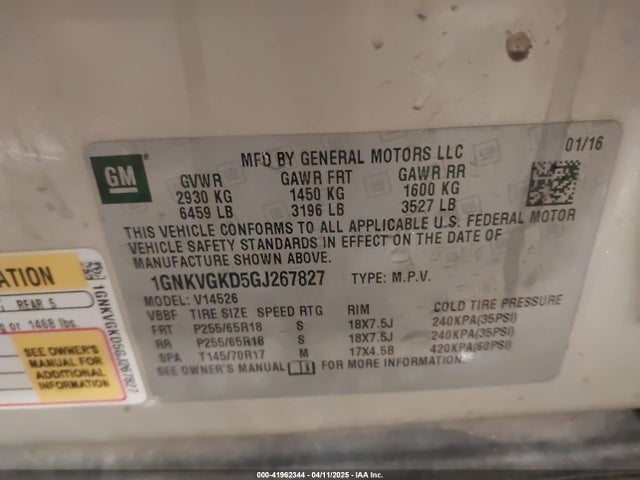 1GNKVGKD5GJ267827 Chevrolet Traverse 1lt
