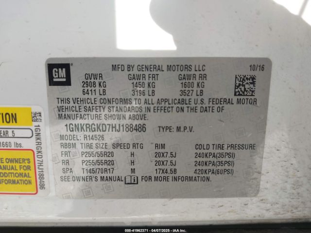 1GNKRGKD7HJ188486 Chevrolet Traverse 1lt