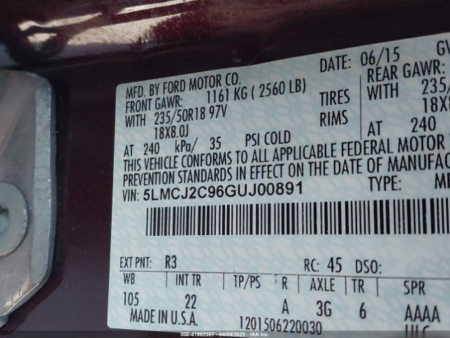 5LMCJ2C96GUJ00891 Lincoln MKC SELECT