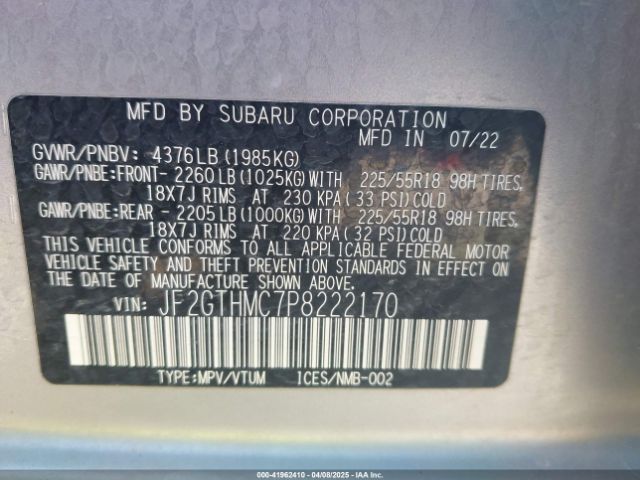JF2GTHMC7P8222170 Subaru Crosstrek Limited