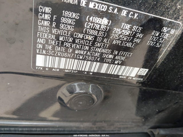 3CZRU6H71GM758074 Honda Hr-v Ex-l