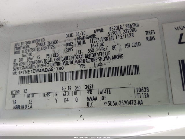 Продаж на аукціоні авто 2010 Ford E-150 Commercial/recreational, vin: 1FTNE1EW4ADA91780, номер лоту: 41962447