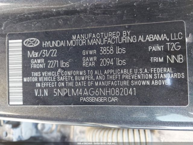 5NPLM4AG6NH082041 Hyundai ELANTRA SEL
