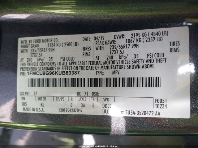 1FMCU9G96KUB83387 Ford ESCAPE SE