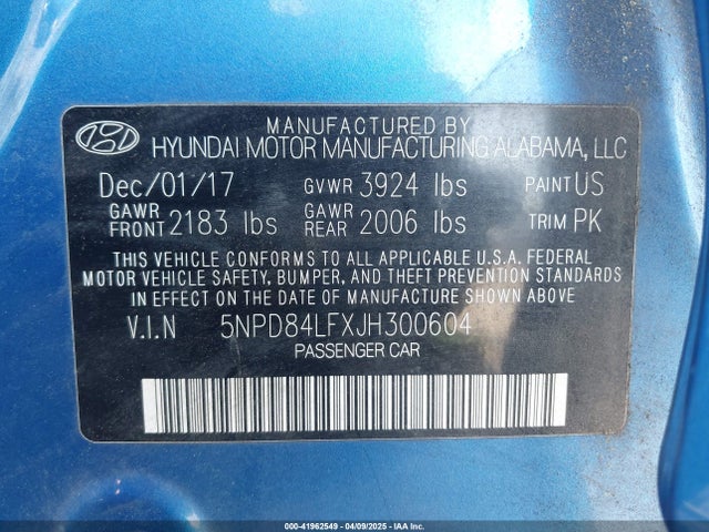 5NPD84LFXJH300604 Hyundai ELANTRA SEL